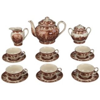 Set of 15 Brown and White Porcelain Tea Set   #R3291