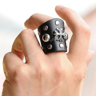 1pc Black Cowhide Cross Coin Buckle Finger Ring Mens Punk Gothic