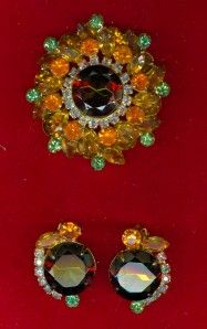 Vintage Yellow Green Large Rhinestone Pin Earrings Set Julianna