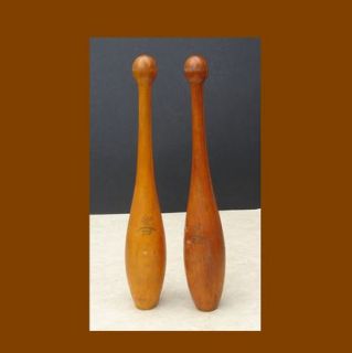 Pair Vintage Wood Wooden Juggling Pins Indian Clubs Marked Spalding