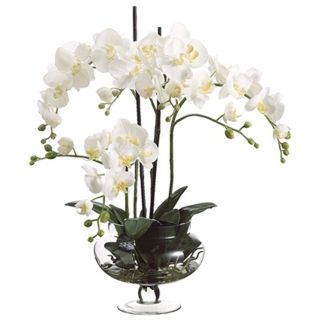 Cream Orchids in Clear Glass Vase Faux Flowers   #N6668