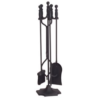 Black Sculpted Handle 4 Piece Fireplace Tool Set with Stand   #L0021