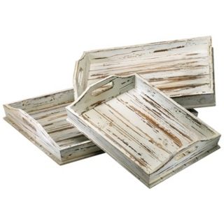 Set of 3 Distressed White Rectangular Wood Trays   #V1561
