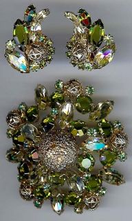 Juliana Vintage Dazzling Shades of Green Rhinestone Pin Earrings Set