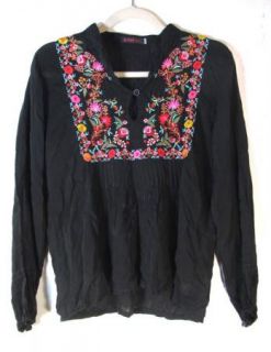JWLA Johnny Was Womens Black Sheer Floral Embroidered Blouse Shirt Sz
