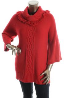 Karen Scott New Red Cable Knit Fringe Cowl Neck 3 4 Sleeve Tunic