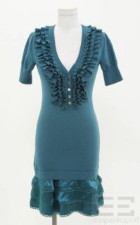 Karen Millen Teal Ruffle V Neck Wool Tiered Silk Dress Size 2
