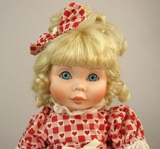 Byj Porcelain Doll Red Heart Valentine Checked Blonde Blue Eyes