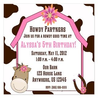 Flat Cards  Cow Print and Horse Birthday Invitation 5.25 x 5.2
