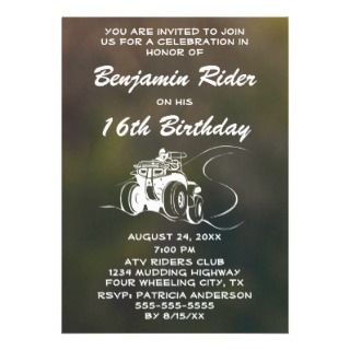 ATV Four Wheeler Camo Green Birthday Party Invitations