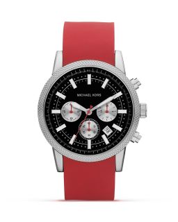 Michael Kors Mens Silver Watch on Red Silicone Strap, 43mm