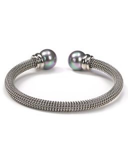 Majorica Stainless Steel and Gray Pearl Bangle