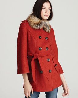 Laundry by Shelli Segal Belted Double Breasted Wool Coat with Faux Fur