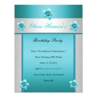 Party Teal Blue White Floral Personalized Invitation