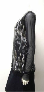 Elana Kattan Long Sleeve Sequined Nylon Mesh Top Black Silver L