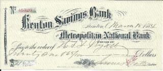 1884 Cancelled Check Kenton Savings Bank Kenton Ohio