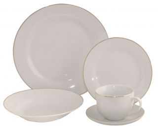 20 Piece Fine Porcelain Plain White with Real Gold Edge Classic Dinner