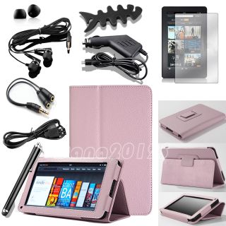 For  Kindle Fire Pink PU Leather Stand Case Cover Charger