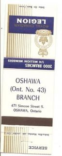 Royal Canadian Legion Matchbook Cover Oshawa Ontario Branch 43