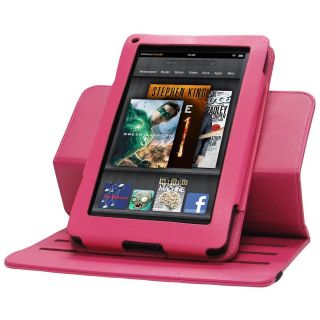 Rotating Leather Case Cover for  Kindle Fire 7 tablet HOT PINK