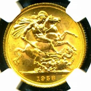 1958 Britain Q E II Gold Coin Sovereign NGC Certif Genuine Graded MS