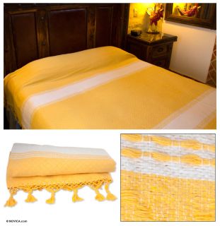 Sunny Fields~~King Size Hand Loomed Yellow Cotton Bedspread~~Novica