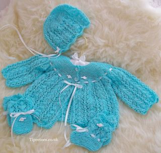 Hand Knitted Baby or Reborn Clothes Girls Matinee Set Bonnet, Mittens
