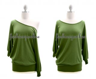 Olive Green Knit Off The Shoulder Top Sweater Tunic Banded Shirt