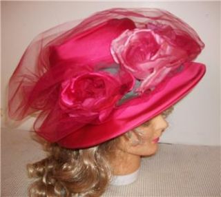 ladies pink hat with roses and nettng from Vincent de Koven Originals