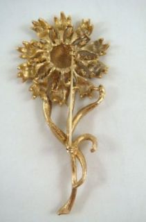Vintage Kramer Designer Rhinestone Gold Tone Floral Brooch Pin Earring