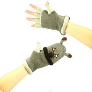 Winter Knit Flip Top Animal Fingerless Mittens Gloves Glomitt Raccoon