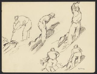 Studyin Indian Ink and pencil, of a man working wood with an adze and