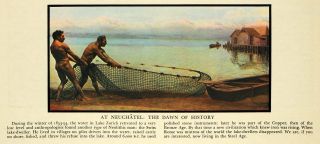 1933 Print Neuchatel Net Fishing Lake Zurich Neolithic Man Archaeology