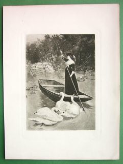 Young Lady of Lake in Boat Swans Victorian Antique Print