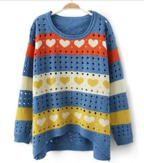Korea Fashion Womens Hollow Candy Colore Long Sleeved Loose Round Neck