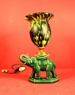Jolie lampe ancienne 1920 éléphant en céramique & tulipe pâte de