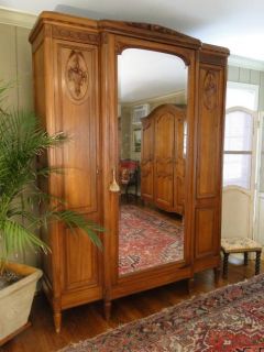 Country Armoire Wardrobe Carved Baskets Beveled Mirror 3 Door