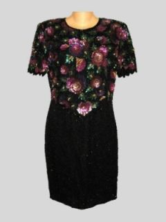 Laurence Kazar Black Silk Floral Sequin Beaded Dressy Pencil Sheath