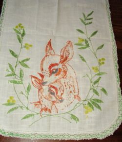 Vintage Precious Doe Fawn Hand Embroidered Crochet Table Runner