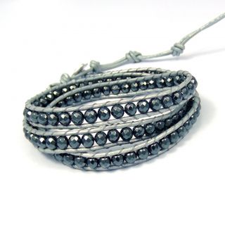 Midnight Charm Hematite Beads Silver Leather Bracelet