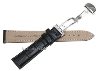 Grain Leather Butterfly Deployment Clasp Watch Band Strap Black