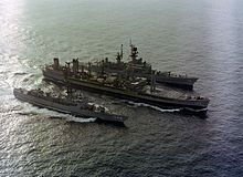 refueling USS Leahy (CG 16) and USS Sample (FF 1048), 1980