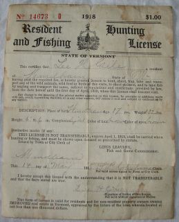 Hunting&Fishing License Vtg Old Lee H Giles Windham Vermont Resident