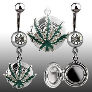 LEAF LOCKET BELLY RING NAVEL CZ WEED BAR BUTTON PIERCING JEWELRY B215