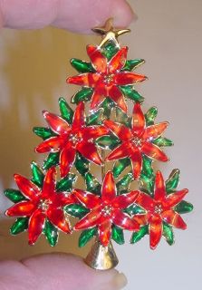 Stunning Huge Colorful Enamel Poinsettia Christmas Tree Pin Brooch New