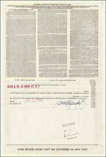 Jacob J Shubert Stock Certificate Endorsed 07 21 1958