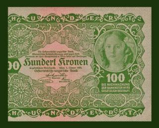 100 Kronen Banknote of Austria 1922 Young Girl UNC