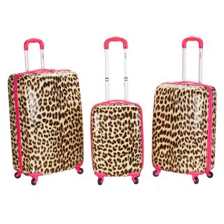 Designer 3 Pc Lightweight Hardside Spinner Luggage Set   Pink Leopard