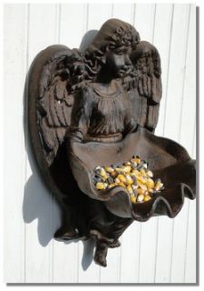 Angel Cherub BIRD FEEDER / ASHTRAY wings old cast iron rust fnsh wall