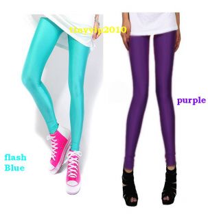 Womens Fluorescent Stretchy Neon Leggings Shiny Metallic Tight Pants
